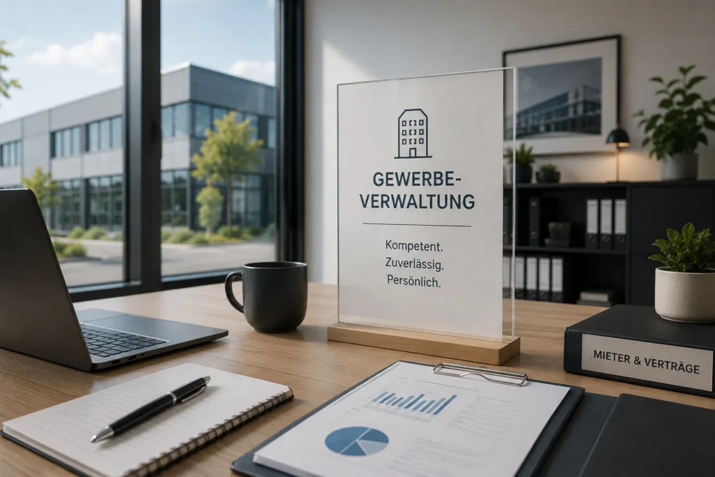 Schreibtisch mit Laptop, Kaffeetasse, Notizblock, Stift, Aktenordner mit Aufschrift 'MIETER & VERTRÄGE' und transparentem Schild mit Text 'GEWERBE-VERWALTUNG Kompetent. Zuverlässig. Persönlich.'
