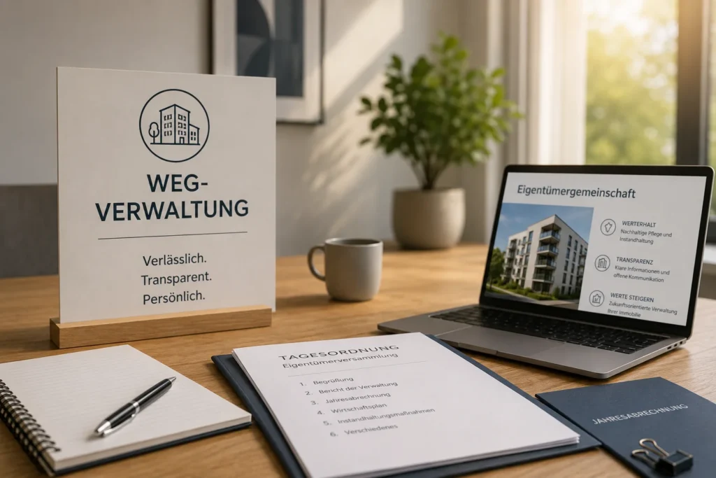 Schreibtisch mit Schild 'WEG-VERWALTUNG Verlässlich Transparent Persönlich', Laptop mit Präsentation zur Eigentümergemeinschaft, Notizblock, Stift, Ordner und Kaffeetasse vor unscharfem Hintergrund mit Pflanze