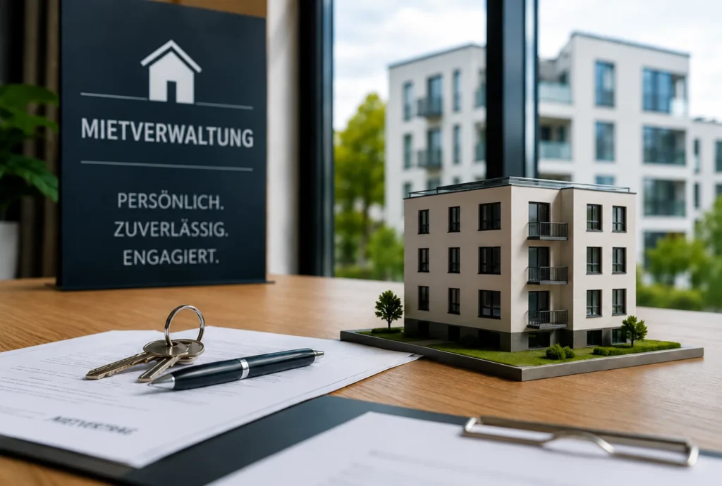 Modell eines modernen Wohngebäudes auf einem Tisch neben einem Schlüsselbund, einem Stift und einem Schild mit der Aufschrift 'MIETVERWALTUNG PERSÖNLICH. ZUVERLÄSSIG. ENGAGIERT.'